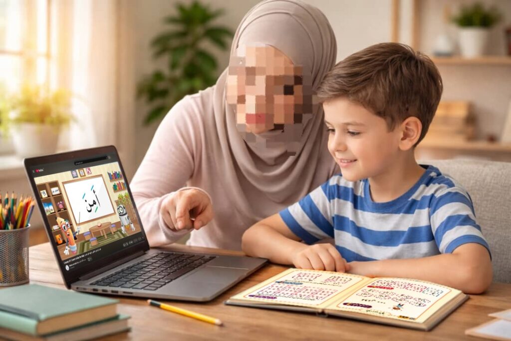Woman teaching boy via laptop